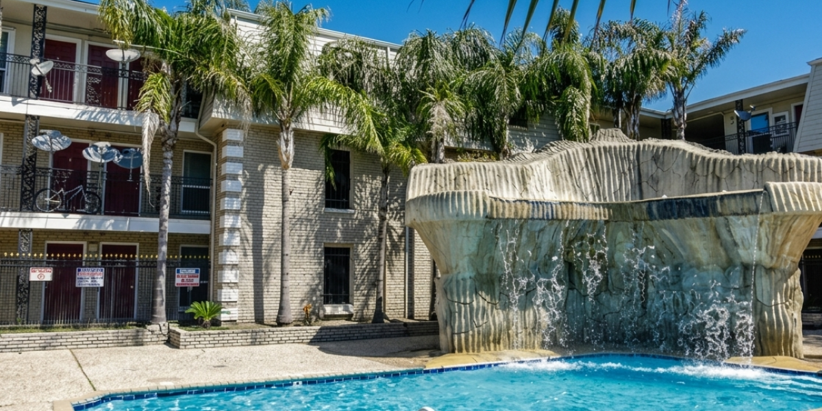 Resort-style swimming pool at Falls of Westpark apartments in Houston, TX